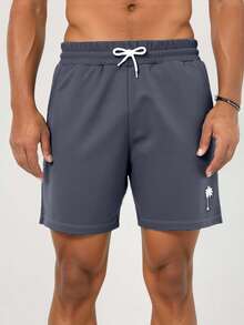 RueChic 100%Cotton Men Coconut Tree Print Drawstring Waist Shorts - Grey - View 3