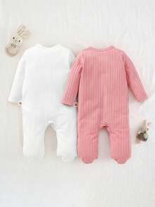 Cozy Pixies Nyfödd pojke 2-delars enfärgad stickad mjuk rund hals långärmad jumpsuit-set, lämplig för vår, sommar, höst, vinter, hem, utomhus och andra tillfällen - Multifärgad - Visa 2