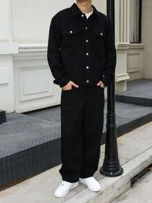 Manfinity EMRG Men's Dark Blue Denim 2 Pieces Set, Casual Jacket And Loose Fit Pants, Spring/Autumn