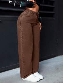 SHEIN PETITE Jeans rectos de cintura alta lavados de estilo casual para mujer - Café integral - Ver 4