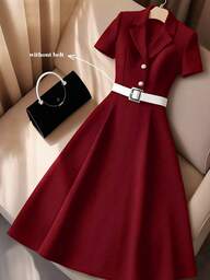 Franclia Women's Lapel NeckBamboo Knit Fabric Dress, With Front Metal Buckle & Pearl Metal Mushroom Button, Mid-Length