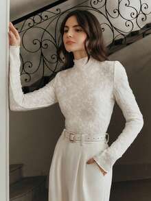 Anewsta 女士立领修身褶皱蕾丝长袖白色衬衫