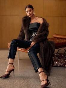 MOTF PREMIUM WOMEN'S LAPEL COLLAR LONG FAUX FUR COAT, AUTUMN/WINTER - Coffee Brown - View 1