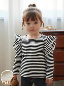 Baby Girl Black & White Striped Ruffle Sleeve Thermal Lined Thick Elastic Top, Suitable For Winter