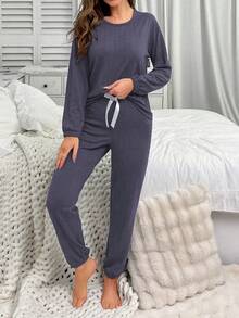 Conjunto de top de manga larga y pantalones de cuello redondo en unicolor de jacquard para mujer - Púrpura malva - Ver 4
