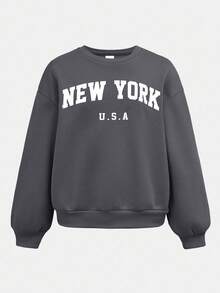 SHEIN Setelan Kasual Sehari-hari untuk Remaja Perempuan: Kaos Lengan Panjang Berkerah Bulat dengan Motif Huruf New York dan Celana Panjang Lurus - Grey - View 5