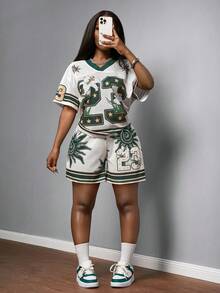 Slaydiva 2025新款夏季休闲街头运动风音乐季摩托车风23标语Logo印花杏色棕色印花V领短袖宽松T恤+宽松短裤大网眼针织女士两件套-A - 彩色 - 查看 6