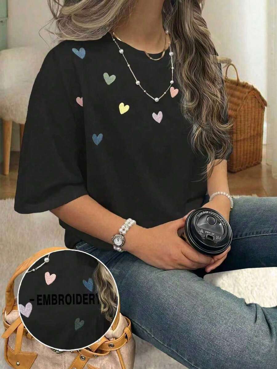 INAWLY Women's Casual Heart Embroidery Short Sleeve T-Shirt, Summer - Black - View 1