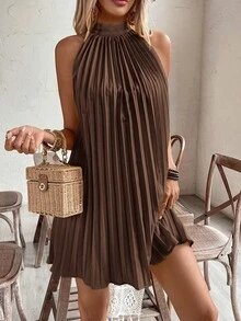 Breezaya Halter Off-Shoulder  Pleated Holiday Casual Dress For New Year Clothes Vacation Beach Outfits Women