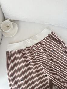 Elamini 女士拼接撞色腰带长裤，印有蝴蝶结和条纹图案 - 卡其色 - 查看 6