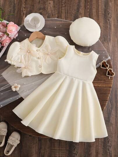 SHEIN 女童杏色泡泡袖短外套，饰有3D杏花图案和仿珍珠纽扣，搭配无袖连衣裙，后背隐形拉链，时尚、优雅、可爱，适合日常、通勤、派对等场合。