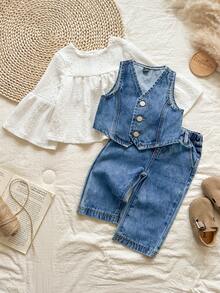 Vintaside Kids Baby Girl V-Neck Sleeveless Denim Outfit - Medium Wash - View 10