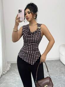 Islaluna Chic Women's Cowl Neck Polka Dot Knitted Tank Top In Brown Asymmetrical Regular Length Casual Style - Brown - View 6