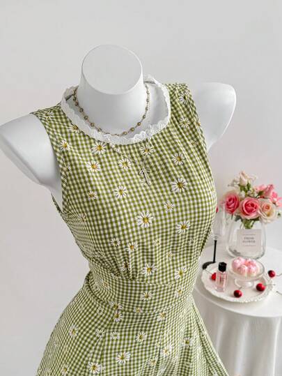 Comfortcana Women's Daisy Embroidered Plaid Sleeveless Jumpsuit New Year's Outfit For Women Green Jumpsuit