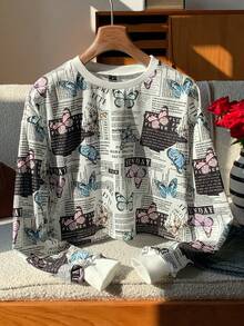 SHEIN EZwear Bluza z krótkim rękawem i wzorem motyli i napisów, z długim rękawem, jesień/zima - Wielokolorowe - Zobacz 1