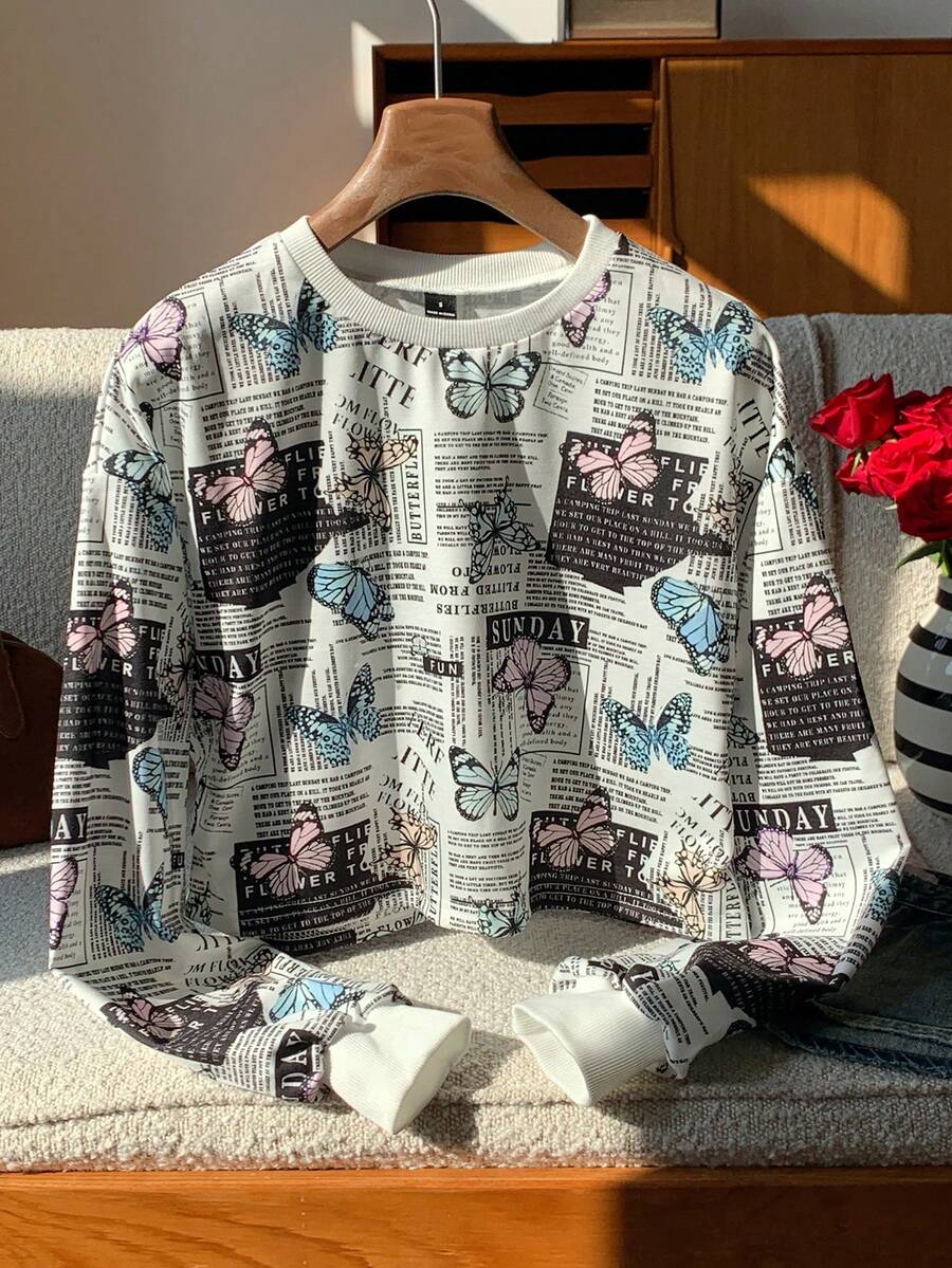 SHEIN EZwear Bluza z krótkim rękawem i wzorem motyli i napisów, z długim rękawem, jesień/zima - Wielokolorowe - Zobacz 1