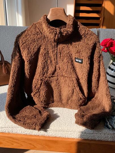 Comfortcana Women's Half Zipper Fleece Sweatshirt With Letter Patch Design In Fall/Winter Brown Teddy Pullover