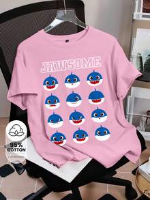 BABY SHARK X SHEIN 女士卡通鲨鱼印花圆领短袖T恤 - 粉色 - 查看 1