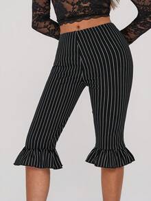 SHEIN ICON Y2k Women's Black Striped Low Waist Ruffle Hem Skinny Capri Pants,Summer - Black - View 4