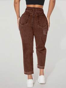 SHEIN PETITE Women's Casual Versatile Everyday Distressed Pocket Jeans - Coffee Brown - View 2