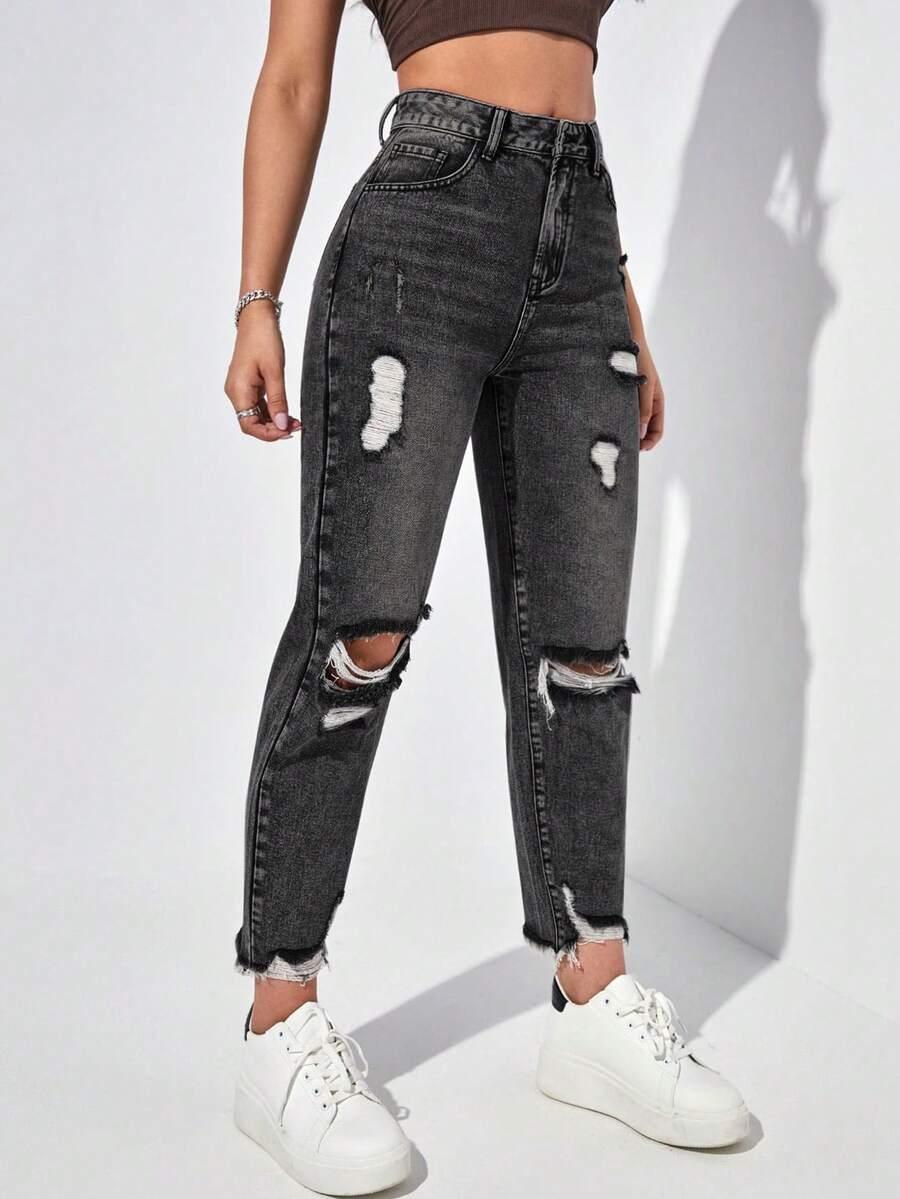 Jeanoix 女士夏季高腰破洞妈妈款牛仔裤 - 深灰色 - 查看 1