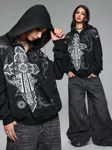 ROMWE Grunge Punk Grunge Style Cross Pattern Print Loose Fit Sweatshirt For Women - Black - View 1