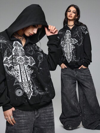 Grunge Punk Grunge Style Cross Pattern Print Loose Fit Hoodie For Women