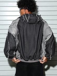 STEELVANCE 男士休闲拼接毛边连帽拉链牛仔夹克，街头风 - 深灰色 - 查看 2