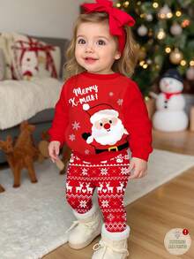 SHEIN 女宝宝圣诞快乐可爱趣味圣诞老人费尔岛图案红色节日套装，包含雪花、驯鹿、圣诞树、雪人等元素，柔软厚实的圆领长袖针织卫衣和打底裤，适合秋冬季女宝宝穿着。这款套装包含女宝宝圣诞休闲裤装、圣诞老人套装、宝宝第一个圣诞节套装和女宝宝长袖圣诞套装。