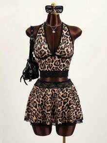 Zestiva Women's Summer Beach Leopard Print Contrast Lace Halter Low Waist Shorts & Cover Up 2 Piece Set - Multicolor - View 1