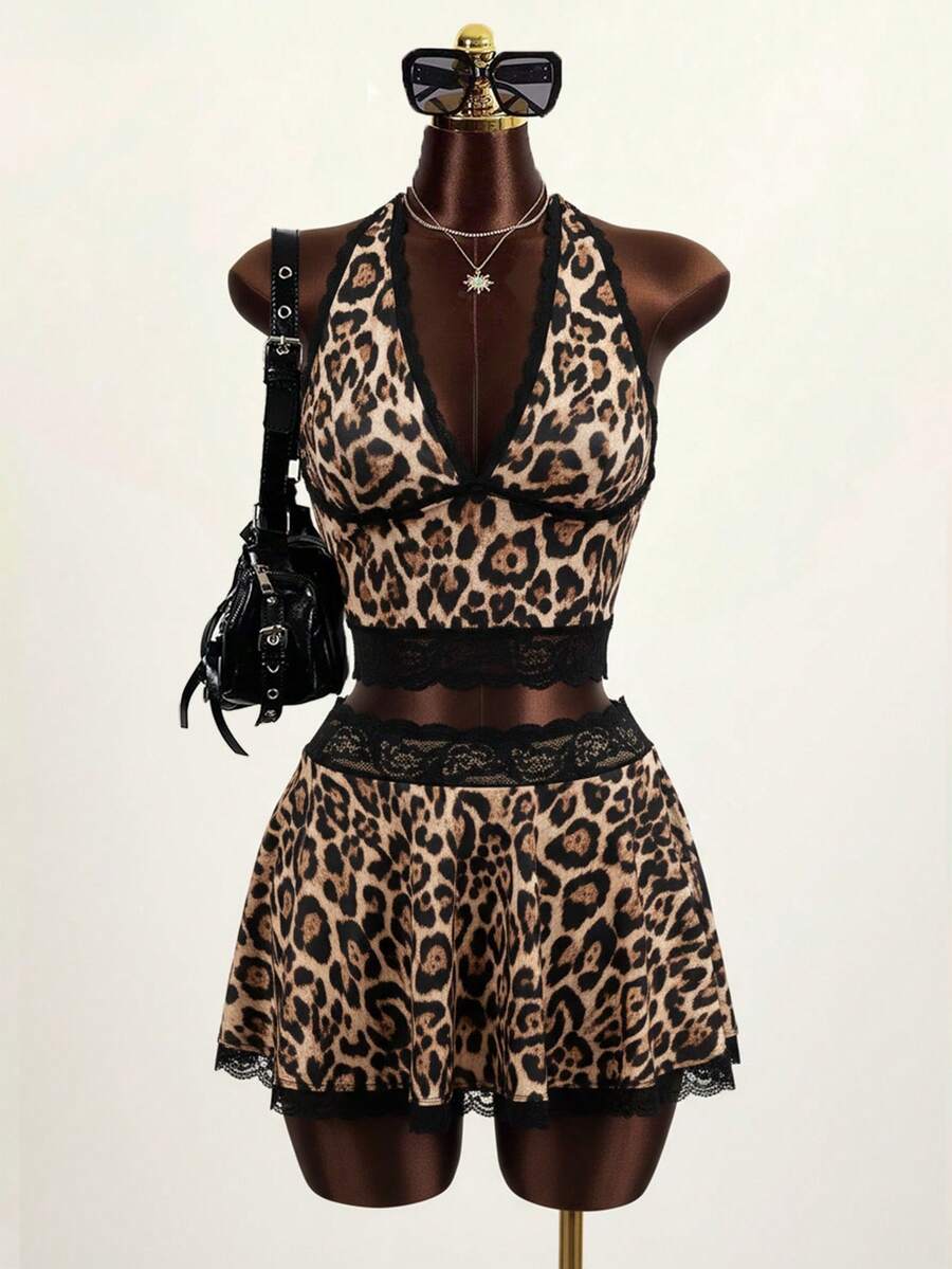 Zestiva Women's Summer Beach Leopard Print Contrast Lace Halter Low Waist Shorts & Cover Up 2 Piece Set - Multicolor - View 1