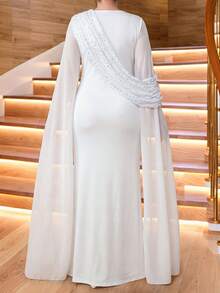 SHEIN Lady 大码纯色水钻装饰披肩袖连衣裙 - 白色 - 查看 2