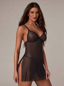 SHEIN BAE 2 pezzi/Set Lingerie in rete sexy e senza fili per donna, incluso un vestito canotta per uscire - nero - Visualizzare 1