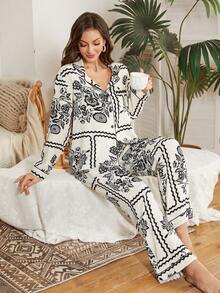 Serenescape Women's Casual Floral Print Lapel Long Sleeve Pajama Set With Pants, Black Pajama Sets For Women Long Sleeve Sleep Wear Women 2 Piece Set - Apricot - View 3