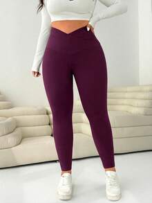 SHEIN EZwear Quần legging bó màu trơn co giãn cao đa năng màu tím đậm cỡ lớn dành cho nữ - Màu đỏ tím - Xem 4