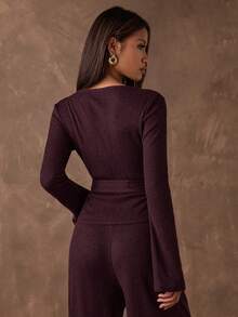 SHEIN BAE 女士时尚休闲罗纹V领裹身系带上衣 - 鏽棕色 - 查看 2