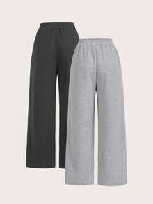 SHEIN EZwear 2枚 レディース カジュアル 無地 ワイドレッグ スウェットパンツ - グレー - チェックする 2