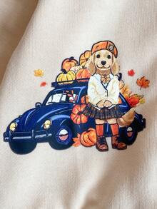 Joliand Joliand 1pc Baby Girls/Boys Elegant City Cute Pumpkin & Puppy Car Pattern Hooded Long Sleeve Sweatshirt Sweatshirt, Suitable For Casual Daily, Outings, Gatherings, Autumn And Winter,Halloween,Halloween,Fall - Apricot - View 9