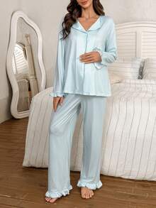 SHEIN 2pcs Striped Print Top And Pants Maternity Pajama Set, Winter