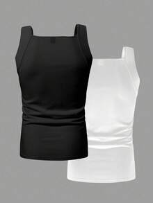 Manfinity Homme 2 Packs Men's Solid Ribbed Casual Versatile Tank Top - Black and White - View 2