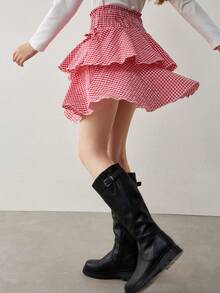 Tween Girls' Casual Plaid Layered Mini Skirt, Summer - Red - View 9