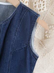 Elladie kids 少女Y2K风格两件套，少女牛仔套装 - 复古深蓝色牛仔短款蝴蝶结背心搭配复古深蓝色宽松直筒牛仔裤，时尚休闲装扮 - 深色水洗藍 - 查看 4