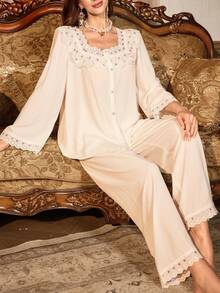 PalaceNights Set pigiama da donna con cardigan arricciato con ricamo vintage e pantaloni - Bianco - Visualizzare 6