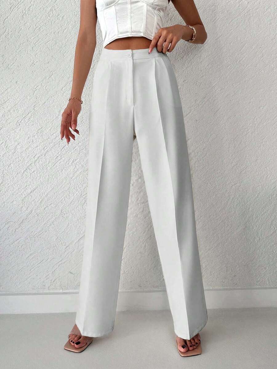 EURMUSE Solid Zipper Fly Straight Leg Pants - Beige - View 1