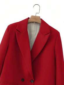 EURMUSE Blazer Pour Dames De Couleur Unie Avec Poches À Rabat - Rouge foncé - Voir 3