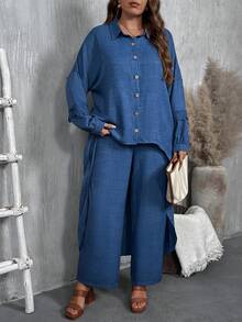 EMERY ROSE Elegant Casual Asymmetric Lace Patchwork Plus Size 2 Pieces Set For Women - Blue - View 4