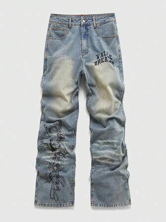 Street Life Jeans in denim slavato con grafica a lettere per uomo