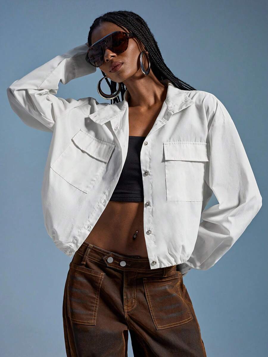 Aveloria Modichic Women's Solid Color Turndown Collar Single-Breasted Pocket Long Sleeve Shirt, Fashion & Versatile - White - View 1