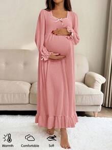 SHEIN 孕妇蝴蝶结装饰长袖宽松连衣裙 - 粉色 - 查看 3