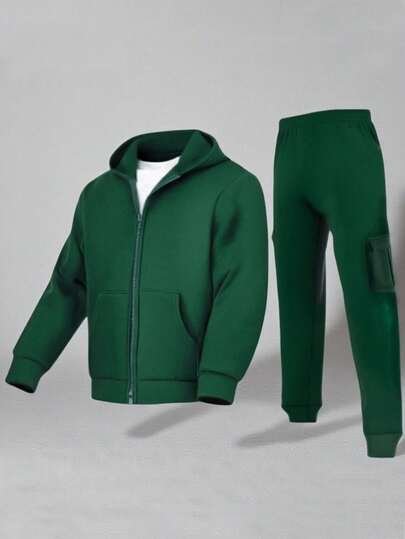 SHEIN Conjunto de chaqueta con capucha y pantalones con bolsillos de estilo minimalista y boxy en color verde para adolescentes varones, atuendo casual escolar con vibra navideña, tela suave y versátil adecuada para uso diario, escuela, exterior, otoño/invierno, ropa de invierno para niños, conjunto de chándal de 2 piezas, conjunto de sudadera con capucha y pantalones de chándal para Halloween para adolescentes varones